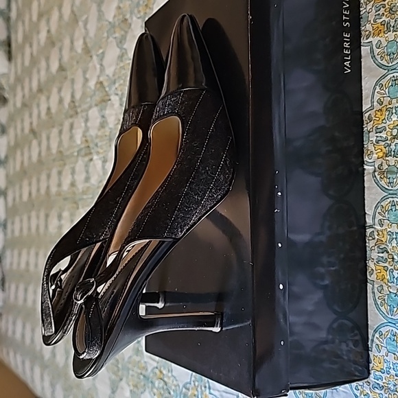 Y2K Valerie Stevens Gray Pinstripe Sling Back Heels - Picture 5 of 14